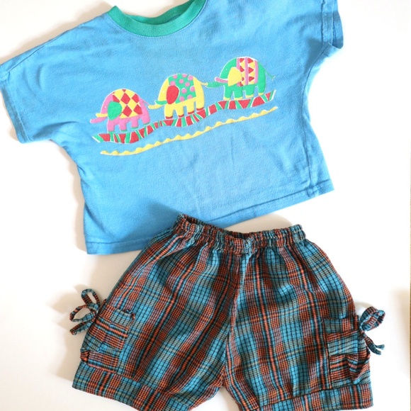 Vintage Rainbow Elephants Tee + Blue Plaid Shorts SET / 12-18M - Picture 1 of 11